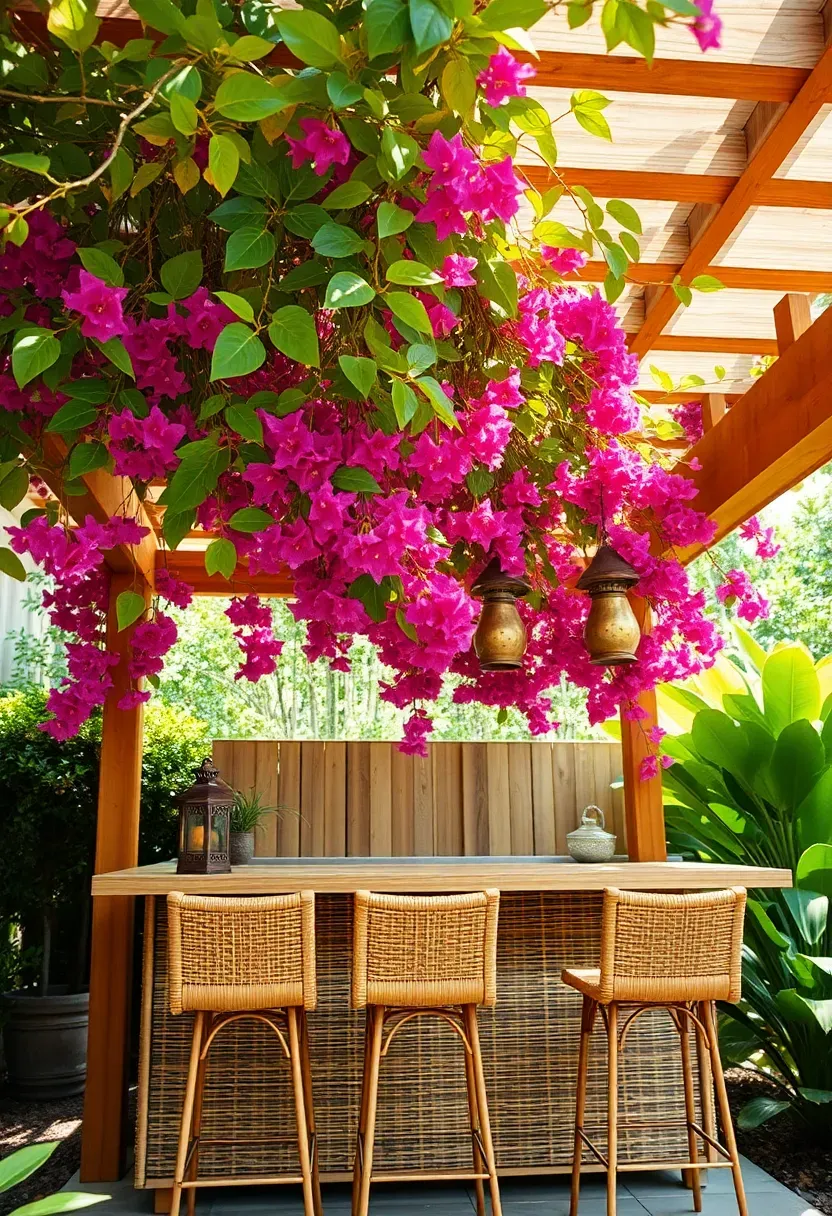 Backyard tiki bar nestled under a wooden pergola with climbing bougainvillea and hanging lanterns creating tropical shade