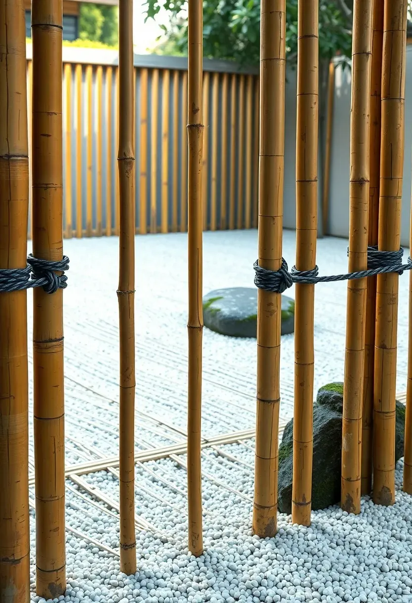Japanese-style bamboo fence screen with tied black knots and vertical bamboo poles against a zen garden backdrop