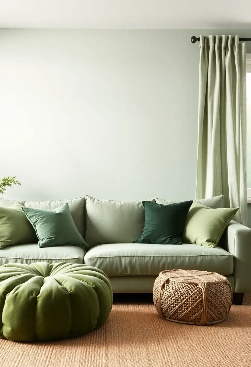 Hyper-realistic full room view of monochromatic sage green living room featuring light sage walls, medium sage sofa, dark sage velvet pillows, woven sage pouf, linen sage curtains. Materials: various sage green fabrics in velvet, linen, woven textures; matte painted walls. Soft natural light, textural variety visible, serene monochromatic mood. Layered composition, shallow depth of field, no text, no logos.</p>