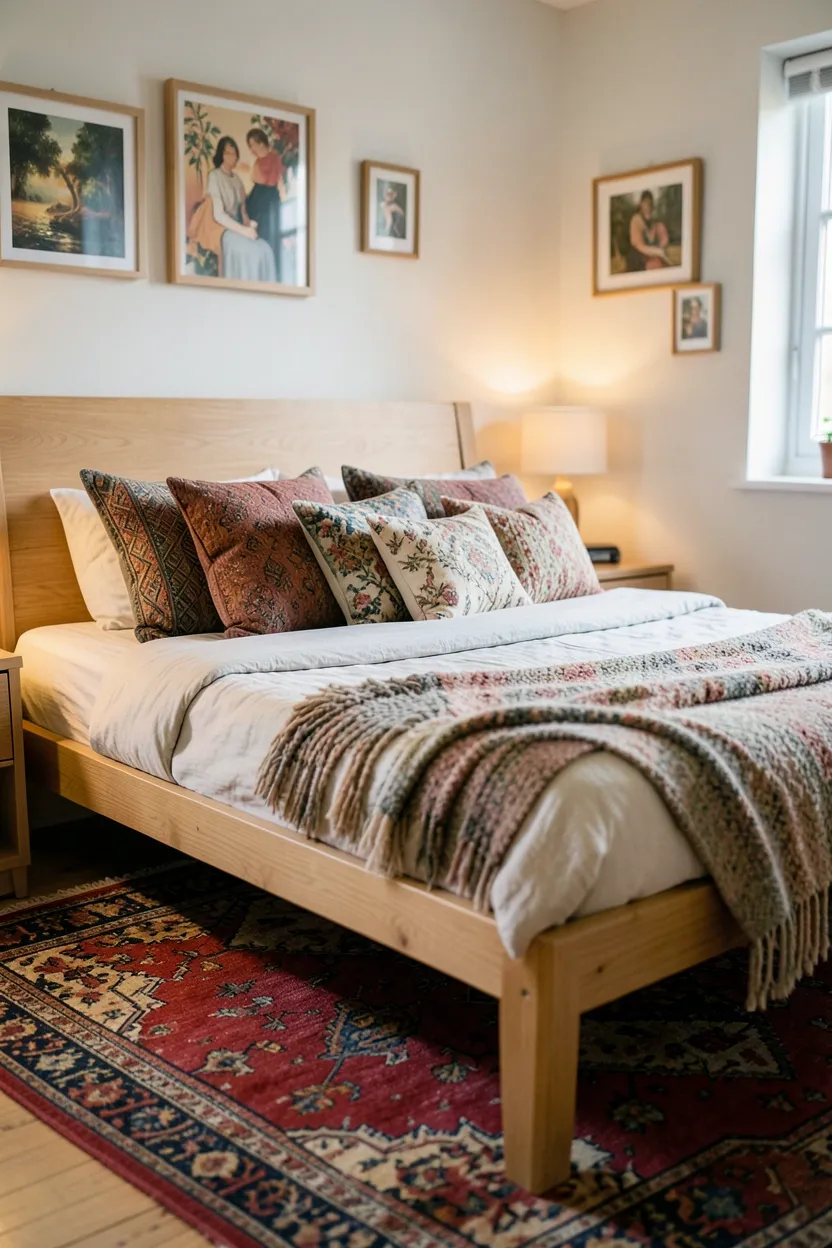 Eclectic boho bedroom mixing a vintage rug, modern headboard, global textiles, and curated art objects with intentional negative space