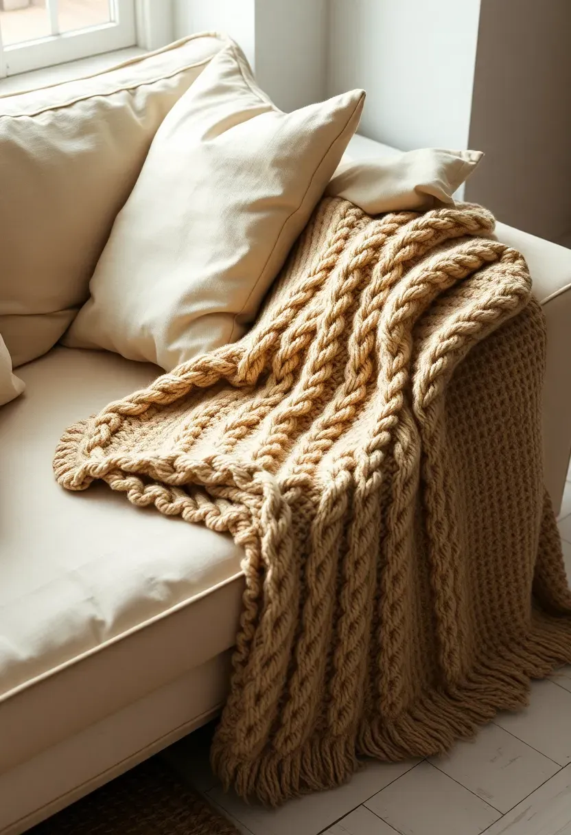 Chunky knit throw blanket and linen pillows layered on farmhouse sofa with natural textures