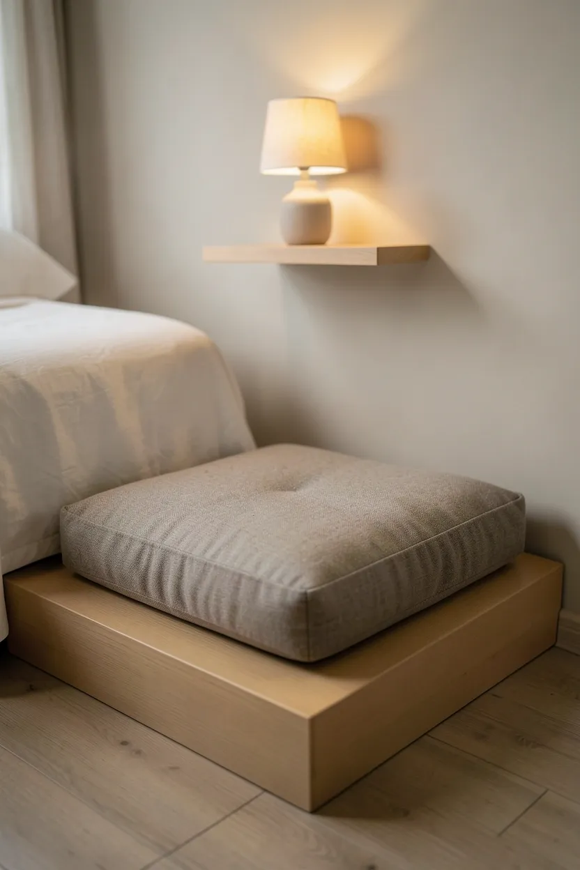 Neutral floor cushion on a low wooden platform beside a bed with a floating shelf and small reading lamp — budget-friendly renter bedroom reading corner