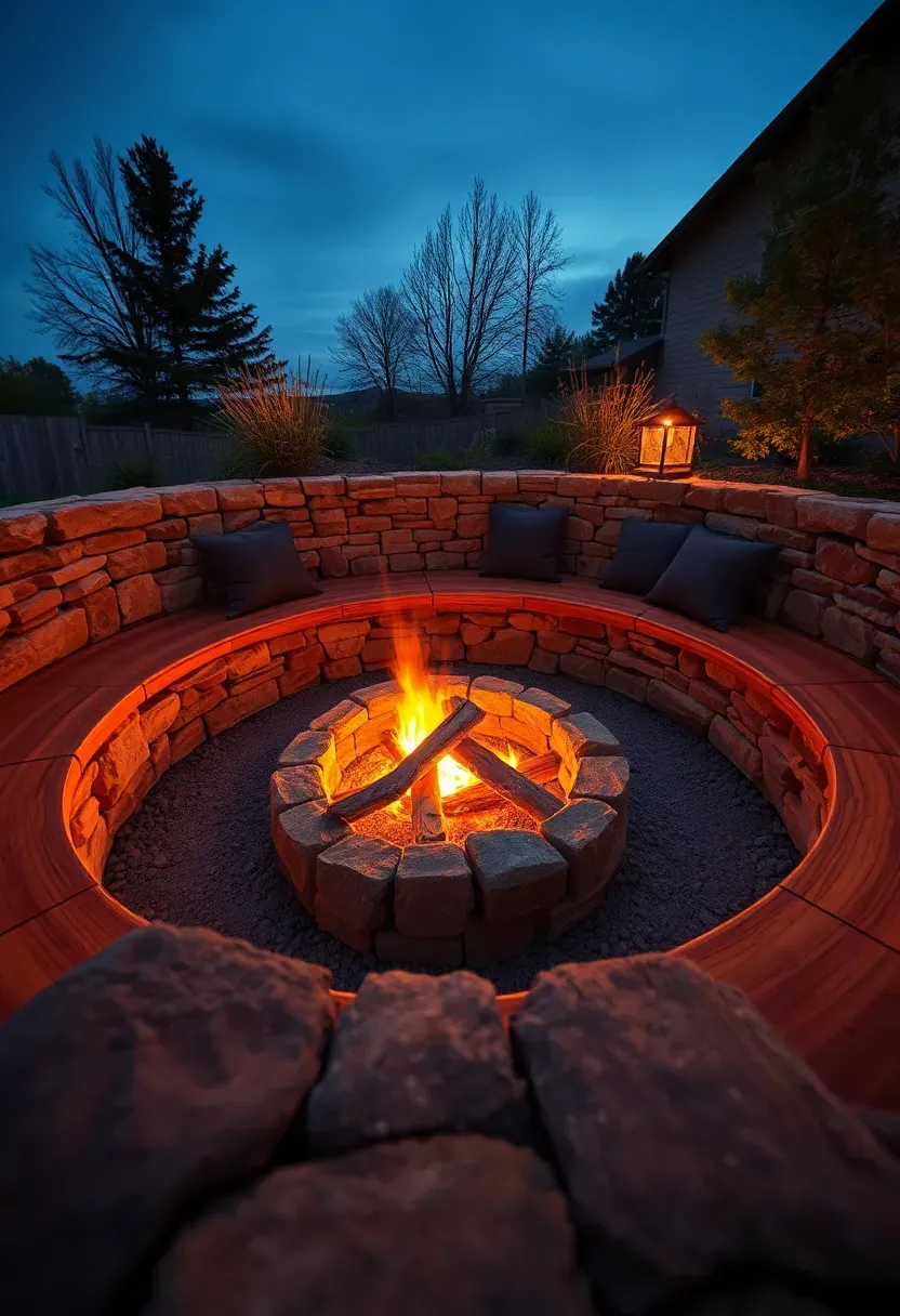 A circular stone-and-wood built-in bench surrounding a backyard fire pit with glowing embers at twilight