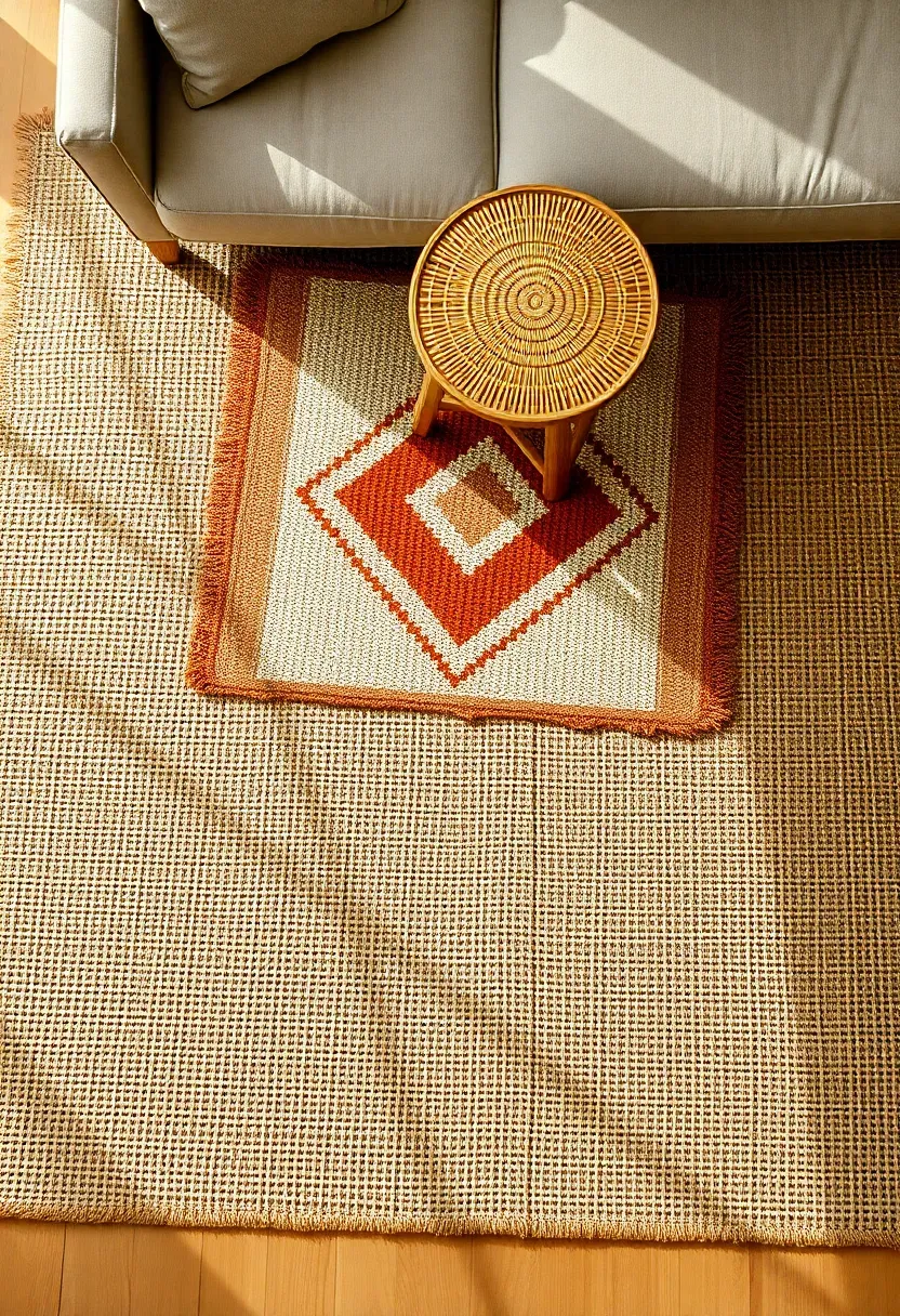 layered rugs in a sunroom with jute base and patterned accent rug on top