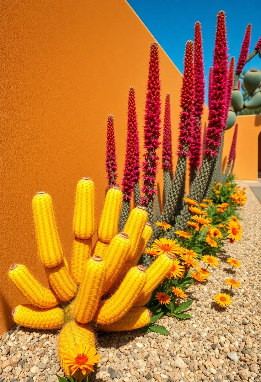 Lush desert botanical border with golden barrel cacti, red yucca, purple prickly pear, and desert marigolds along a stucco garden wall