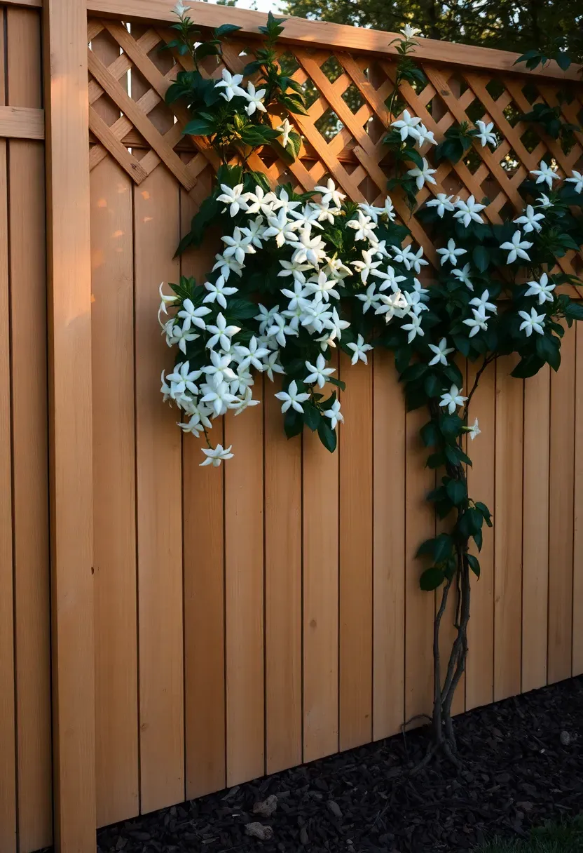Lattice top privacy fence with solid lower panels and diamond lattice upper section covered in climbing jasmine