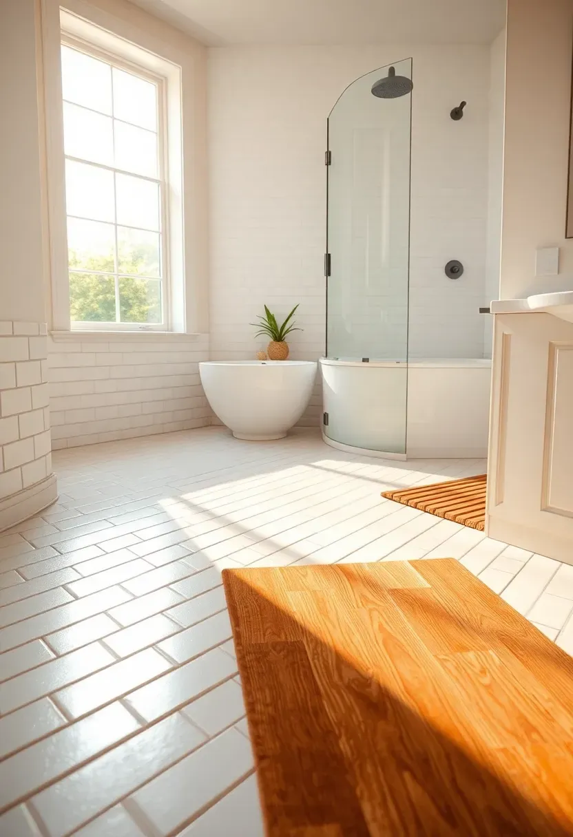 White porcelain tiles laid in a herringbone pattern on a bathroom floor with warm natural light from a window