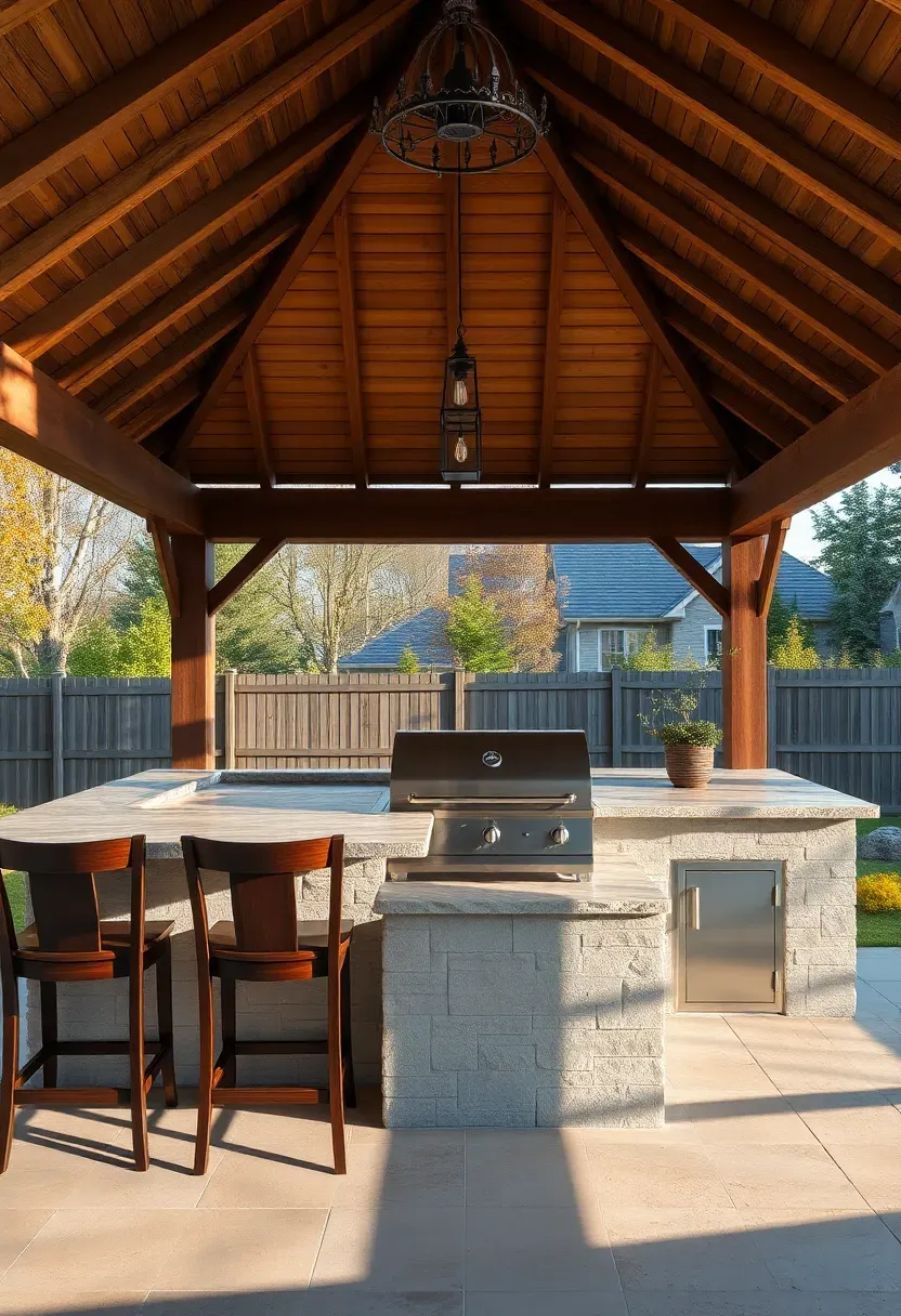 A large backyard gazebo housing an outdoor kitchen with a stone countertop, built-in gas grill, bar stools along one side, and a vented roof with a chimney opening