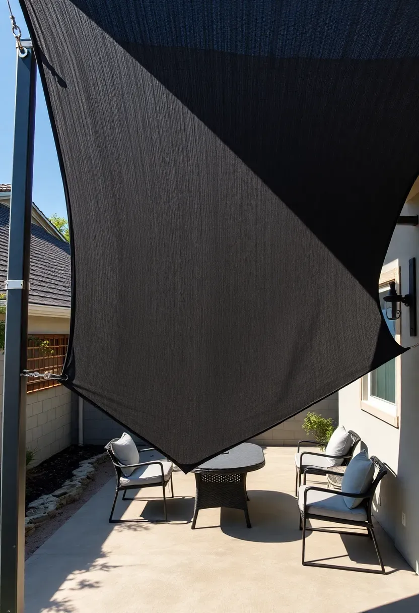 Triangular shade sail in charcoal gray stretched between three mounting points over a backyard patio seating area