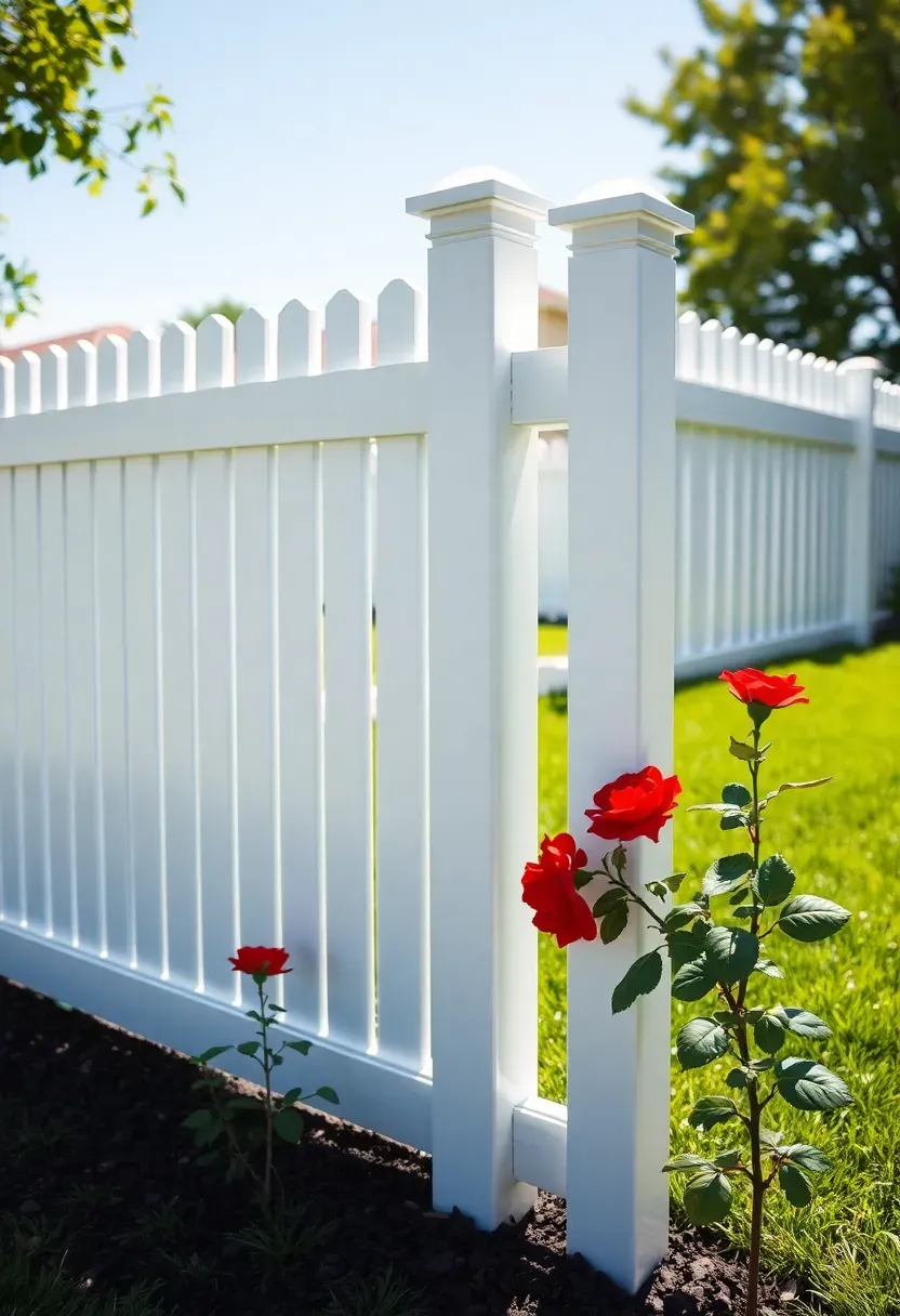 White vinyl privacy fence with flat-top panels and routed post caps in a sunny suburban backyard with trimmed lawn