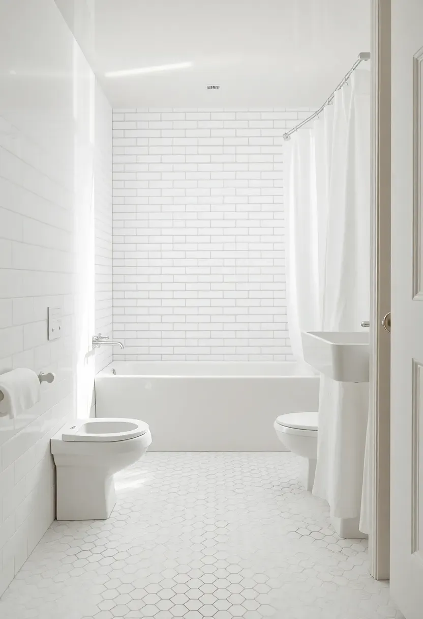 Hyper-realistic wide shot of all-white bathroom with varying textures—glossy subway tile walls, matte hex floor, porcelain fixtures, white linen curtain. Materials: glossy white tile, matte white hex floor, white porcelain fixtures, white linen, painted white walls. Bright diffused daylight, pure white neutrals with subtle texture variations. Serene monochrome mood, shallow depth of field with sharp texture detail, soft shadows. No text or watermarks.</p>