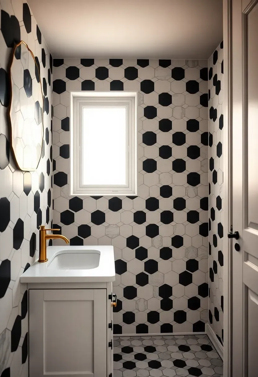 Black-framed bathroom mirror with integrated LED strip lighting above a white vanity in a rental apartment