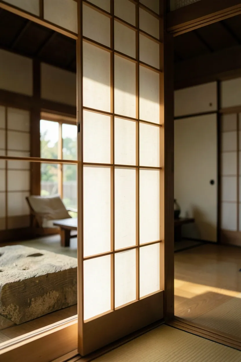 Paper shoji screen diffusing soft natural light through wooden grid frame in a serene wabi sabi living room