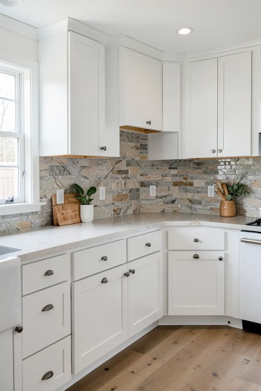 Natural Stone Backsplash with White Cabinets