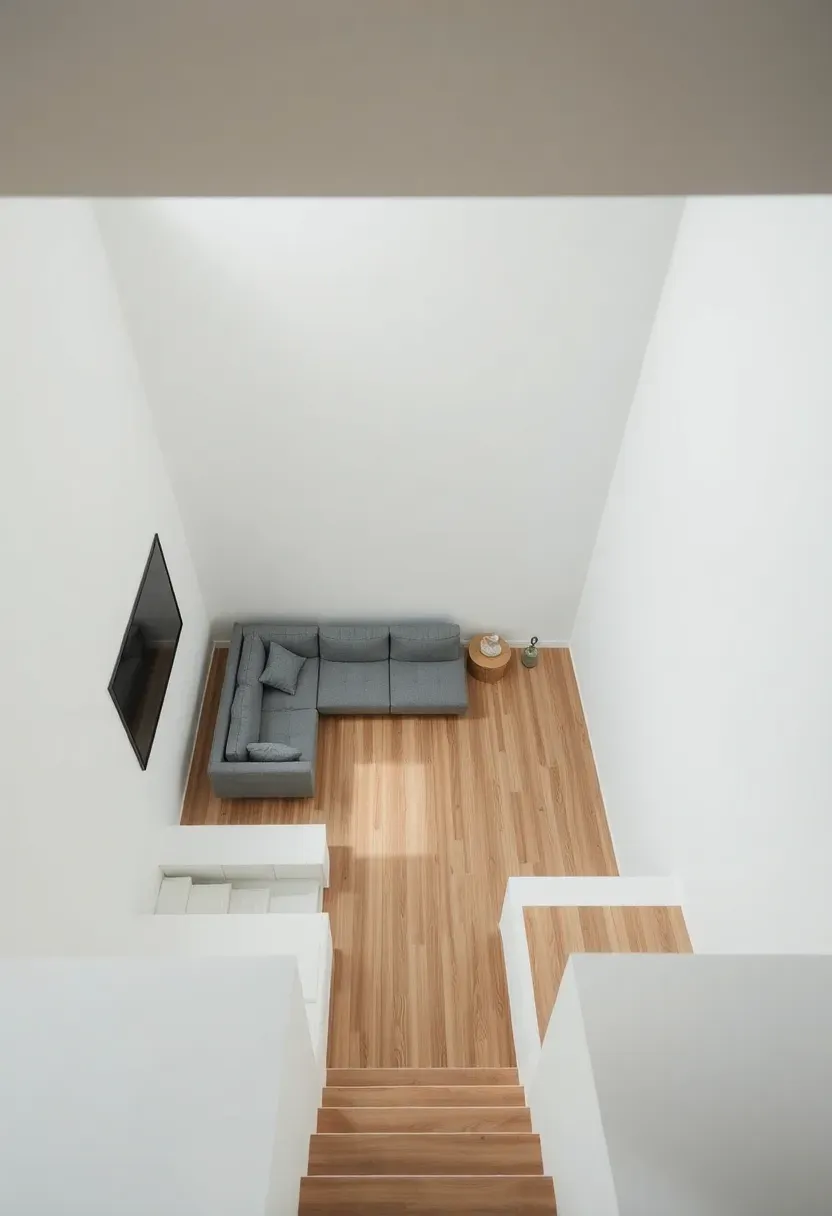 Hyper-realistic elevated view of minimalist living room with sunken conversation pit featuring low sectional sofa, lowered floor level, stepped edges, white surrounding walls and floor at normal height. Materials: gray fabric sofa, wood floor in pit, white surrounding surfaces. Natural light from above, cozy intimate mood. Architectural sunken space, shallow depth of field, no text, no logos.</p>