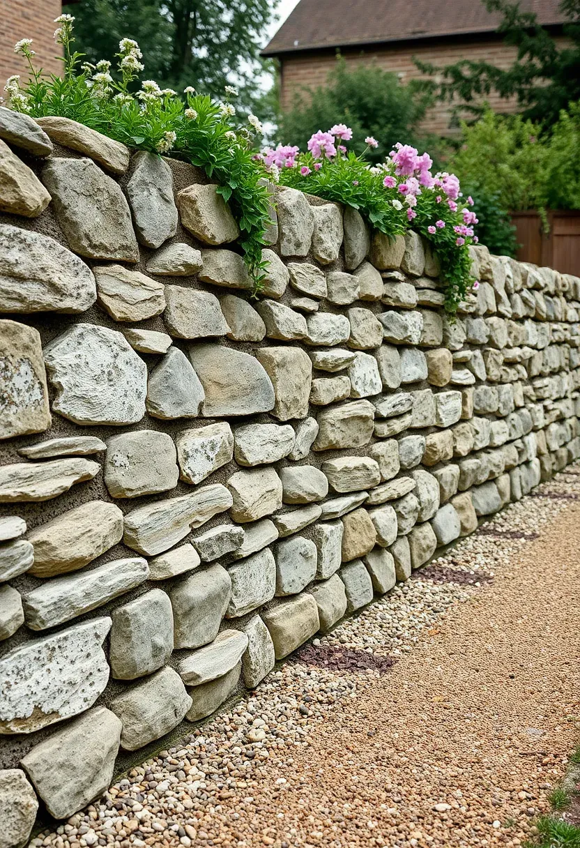 Rustic dry-stacked fieldstone retaining wall with lichen patches in a countryside backyard with a gravel path and flower garden