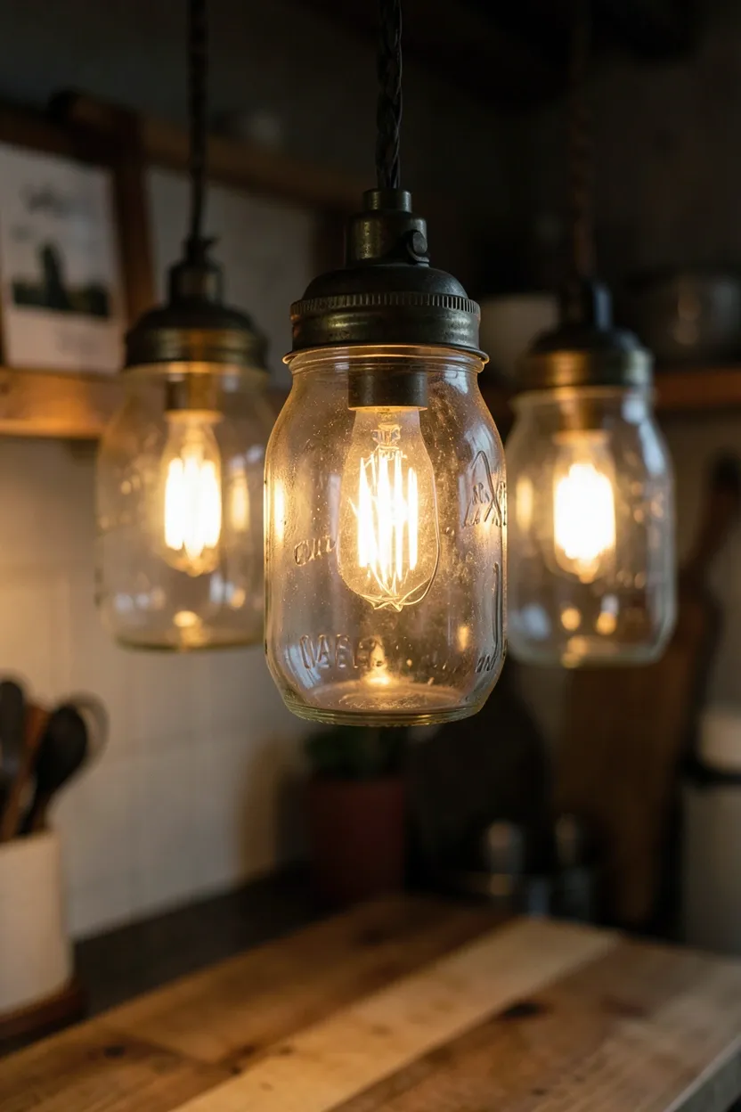 Rustic farmhouse kitchen pendant lights with clear glass mason jar shades above a wood island