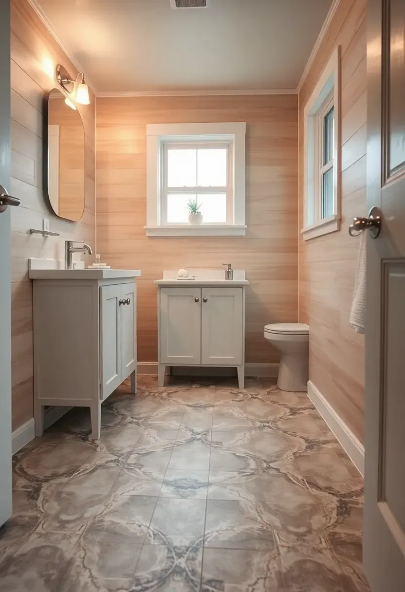 Hyper-realistic 3/4 view of tiny house bathroom showing radiant floor heating installation under tile flooring. Materials: light gray porcelain tile flooring with visible heating mat layers underneath, white vanity, light wood wall paneling, chrome fixtures. Warm ambient lighting, spa-like bathroom aesthetic with clean lines and neutral tones, luxurious winter comfort mood. Shallow depth of field, sharp details on tile texture and flooring installation quality, visible tiny house bathroom scale with appropriately sized fixtures. No text, no logos, no watermarks.</p>
