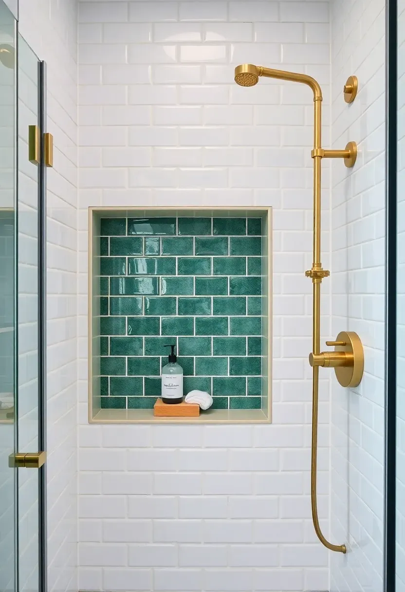 Built-in shower niche with green zellige tile contrast against white subway tile shower walls