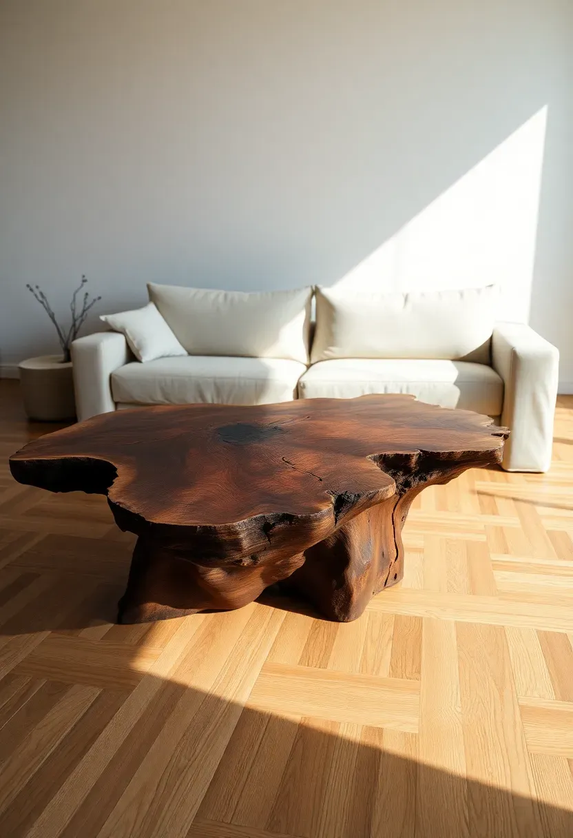Hyper-realistic 3/4 view of minimalist living room centered on large live-edge walnut coffee table, natural irregular edge profile preserved with bark on, rich brown wood with visible grain figuring. Cream linen sofa beyond, light oak floor. Table as sculptural centerpiece. Materials: solid walnut slab with natural edge, linen upholstery. Natural light from window, wood casting soft shadow. Organic shape contrasting clean rectangular room lines. Shallow depth of field, sharp focus on live-edge details and wood grain. No text, no logos, no watermarks.</p>
