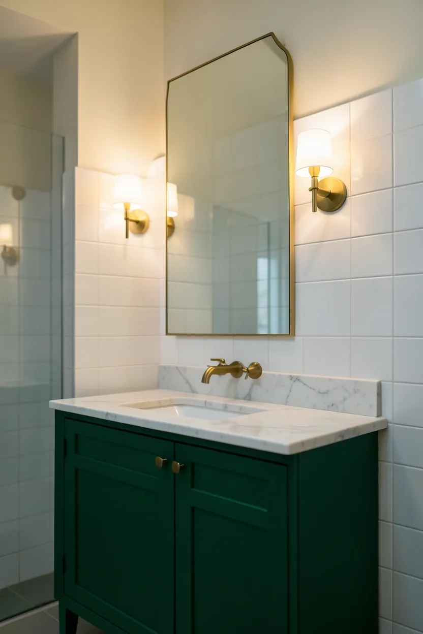Luxurious apartment bathroom with emerald green vanity cabinets, brass fixtures, and white upper walls — dramatic rental color scheme