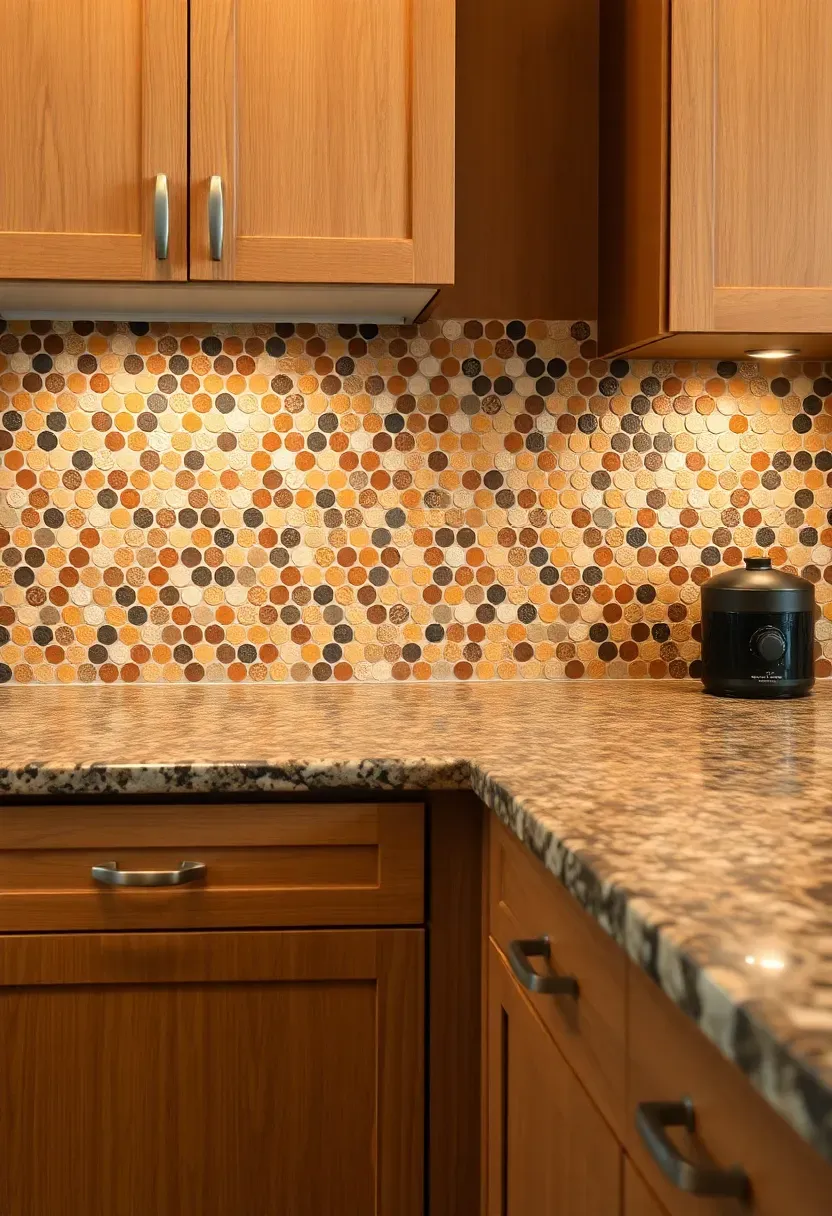 brown penny round mosaic tile backsplash in a warm kitchen with fantasy brown granite and honey-toned wood cabinets