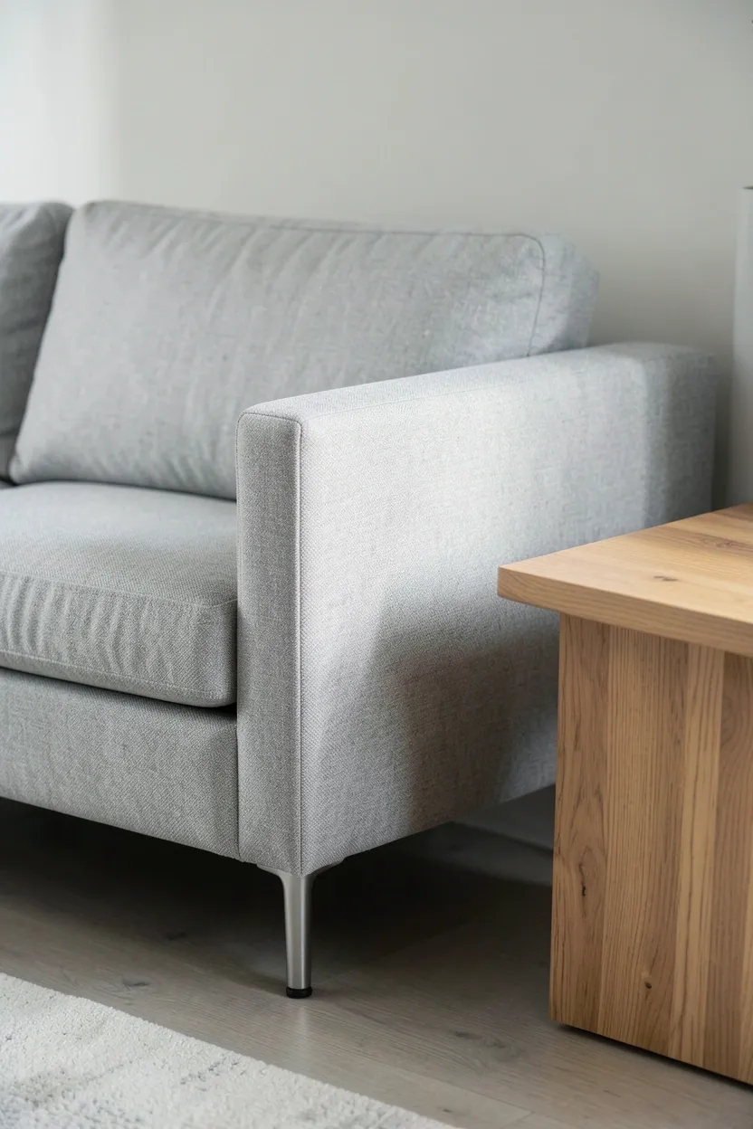 Light gray linen sofa with a warm oak round side table creating neutral contrast in a minimalist Nordic apartment living room