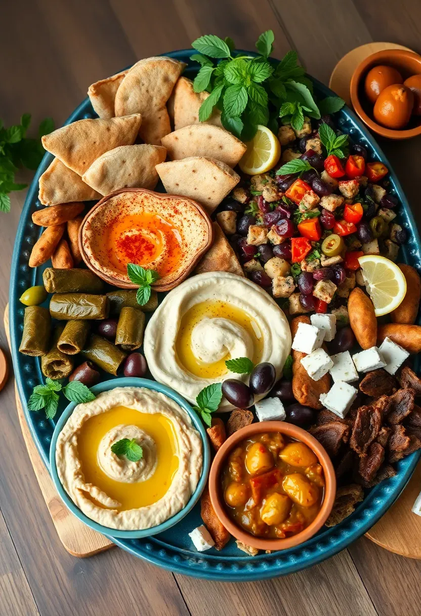 Mediterranean mezze spread for a baby shower with hummus, baba ganoush, tabbouleh, stuffed grape leaves, warm pita, feta cubes, and pickled vegetables