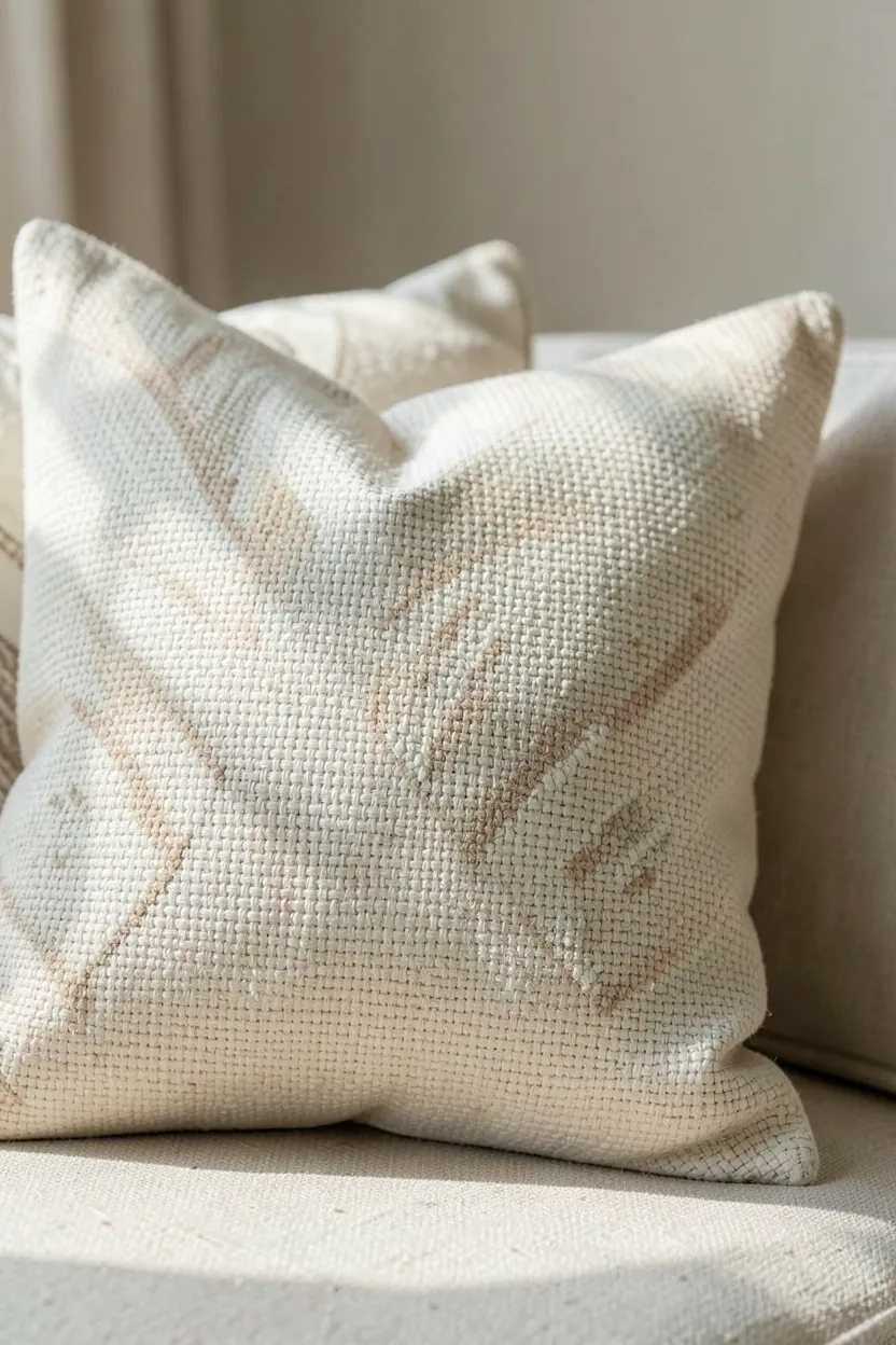 Woven linen and cotton throw pillows in warm neutral tones on bed in tropical Japandi bedroom