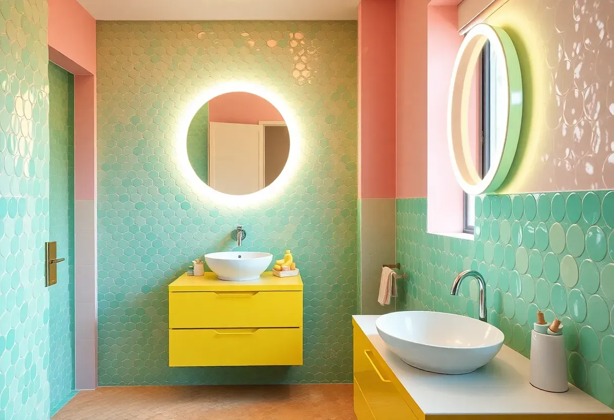 Colorful kid-friendly bathroom with pastel vanity, bubble mirror, and cloud wall hooks inspired by Toca Boca hotel style