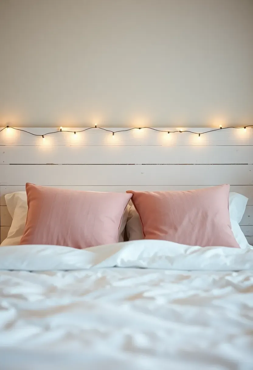 Whitewashed wooden pallet headboard mounted behind a bed with soft white bedding and blush throw pillows in a cottage bedroom
