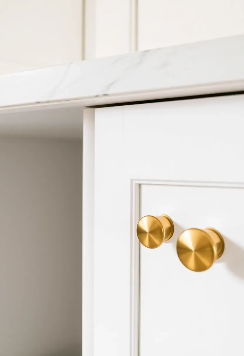 Close-up of a kitchen drawer with new brushed brass pulls replacing old chrome hardware, with marble countertop visible above