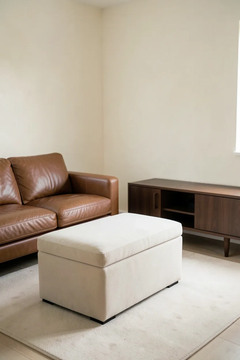 Minimalist living room with brown sofa and storage ottoman plus closed-door media console keeping clutter out of sight in a rental apartment