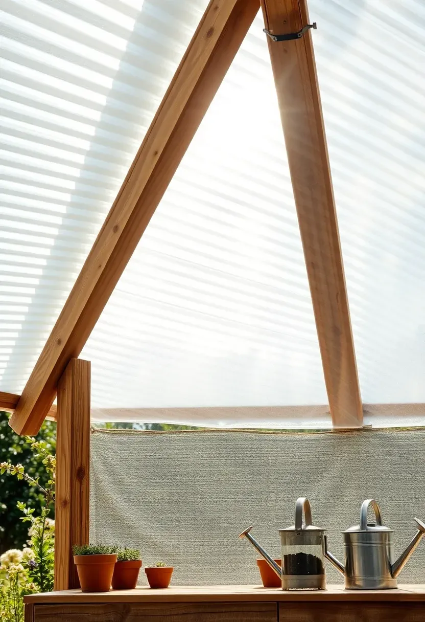 Translucent corrugated polycarbonate roof panels on a wooden frame covering an outdoor workspace with natural light
