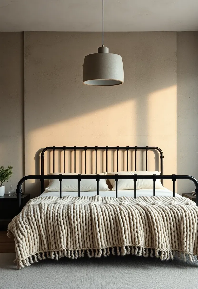 industrial modern bedroom with rough micro-cement accent wall in warm grey behind a black iron bed frame with chunky knit blanket and concrete pendant light