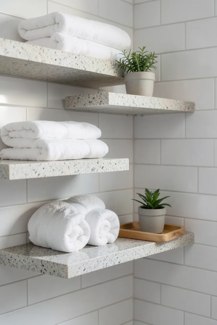Styled floating shelves with rolled towels, small plants, and curated decor objects in a modern bathroom