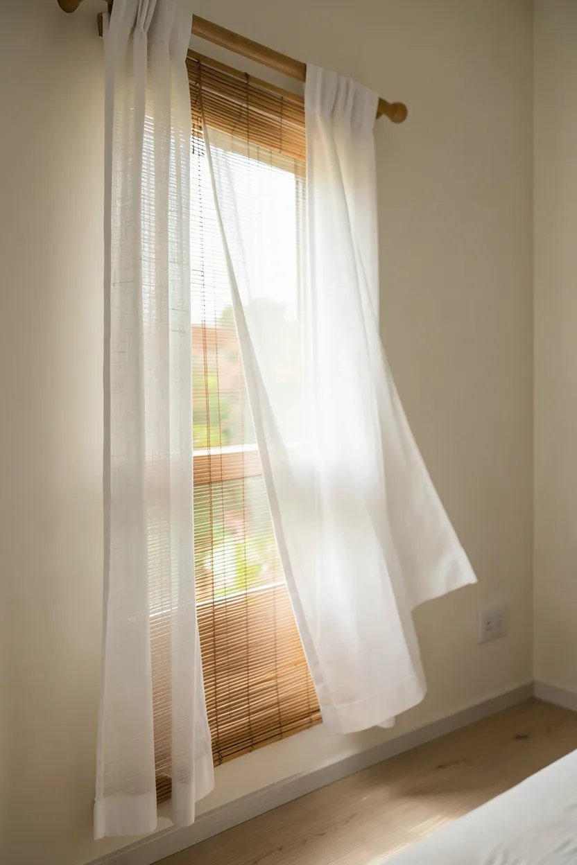Sheer linen curtains and bamboo blinds layered on bedroom window in tropical Japandi apartment