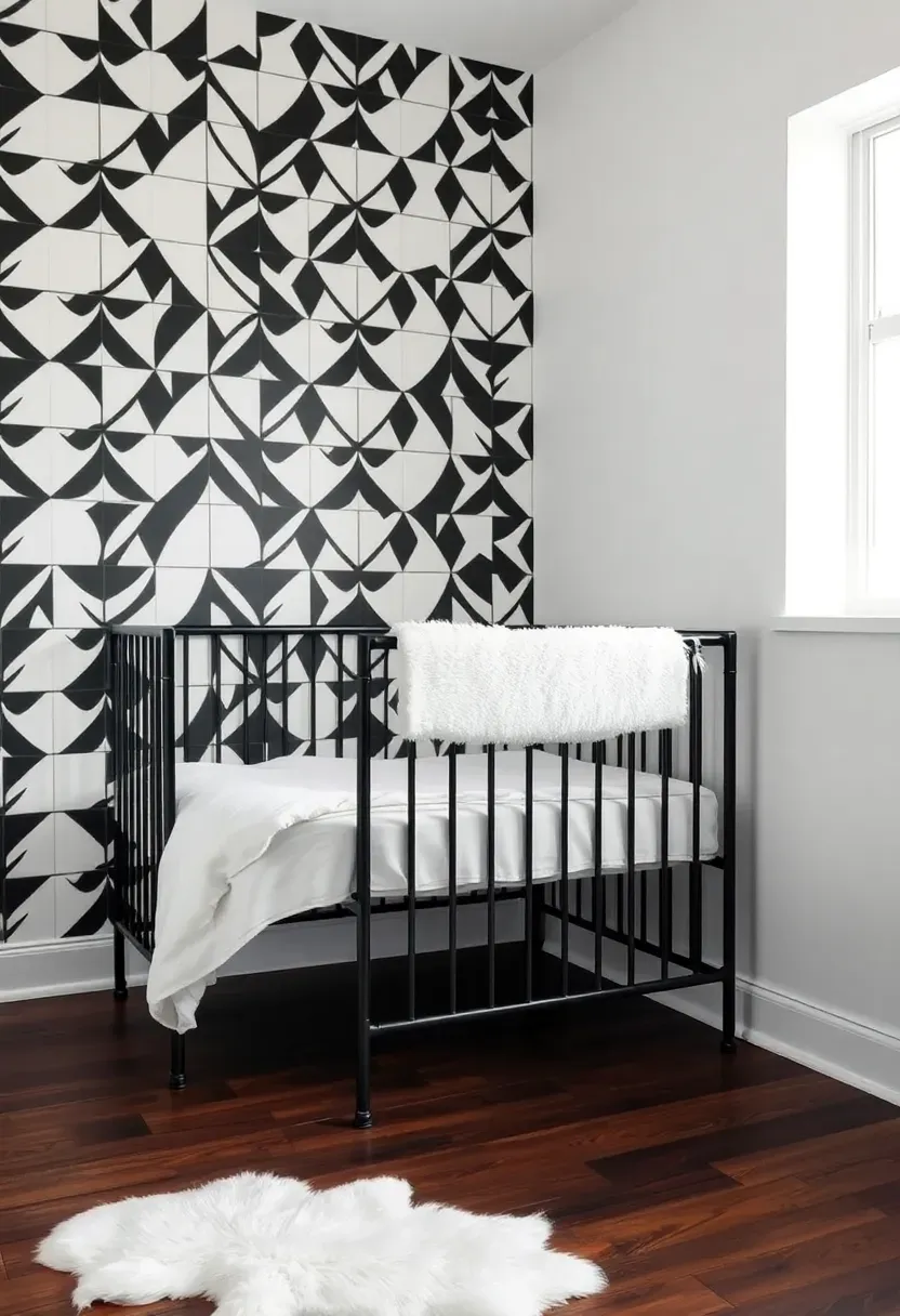high contrast black and white nursery with geometric patterns and modern crib