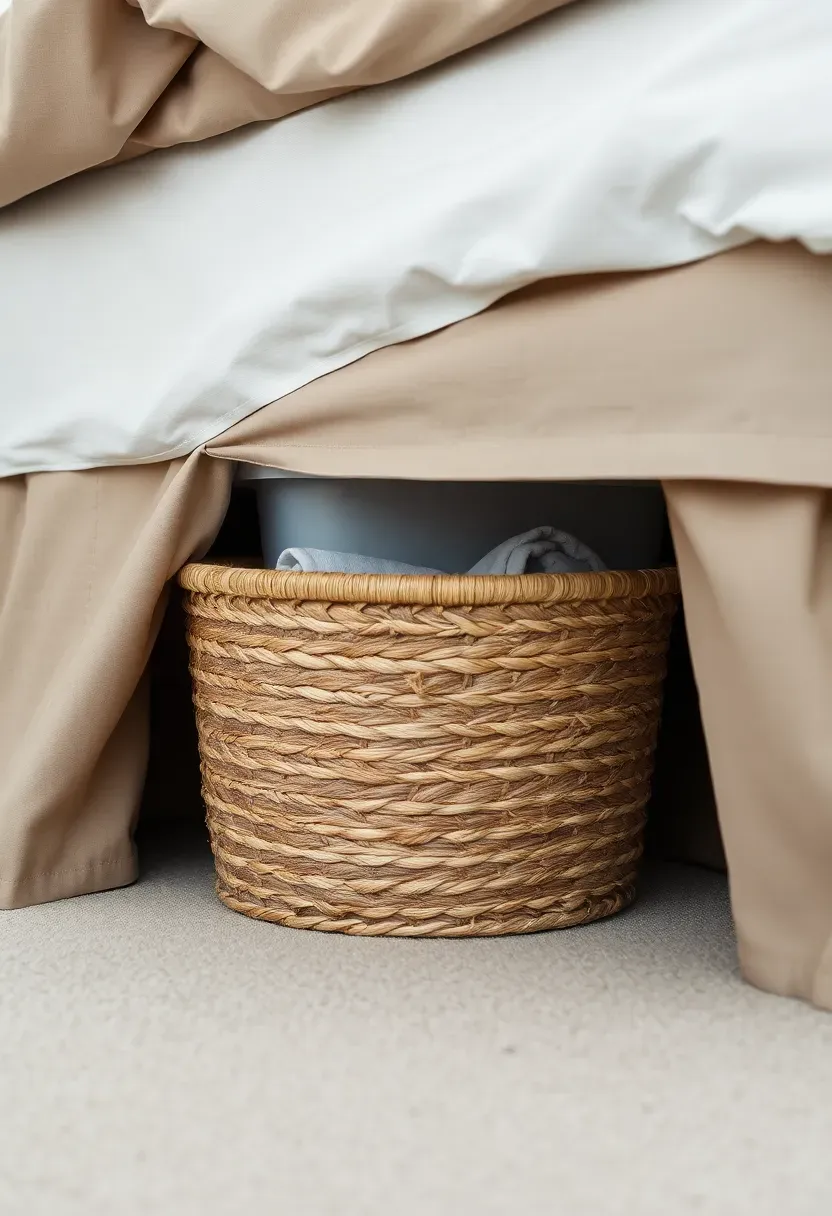 dorm room under-bed storage with woven baskets visible suitcase and styled bed skirt in neutral tones