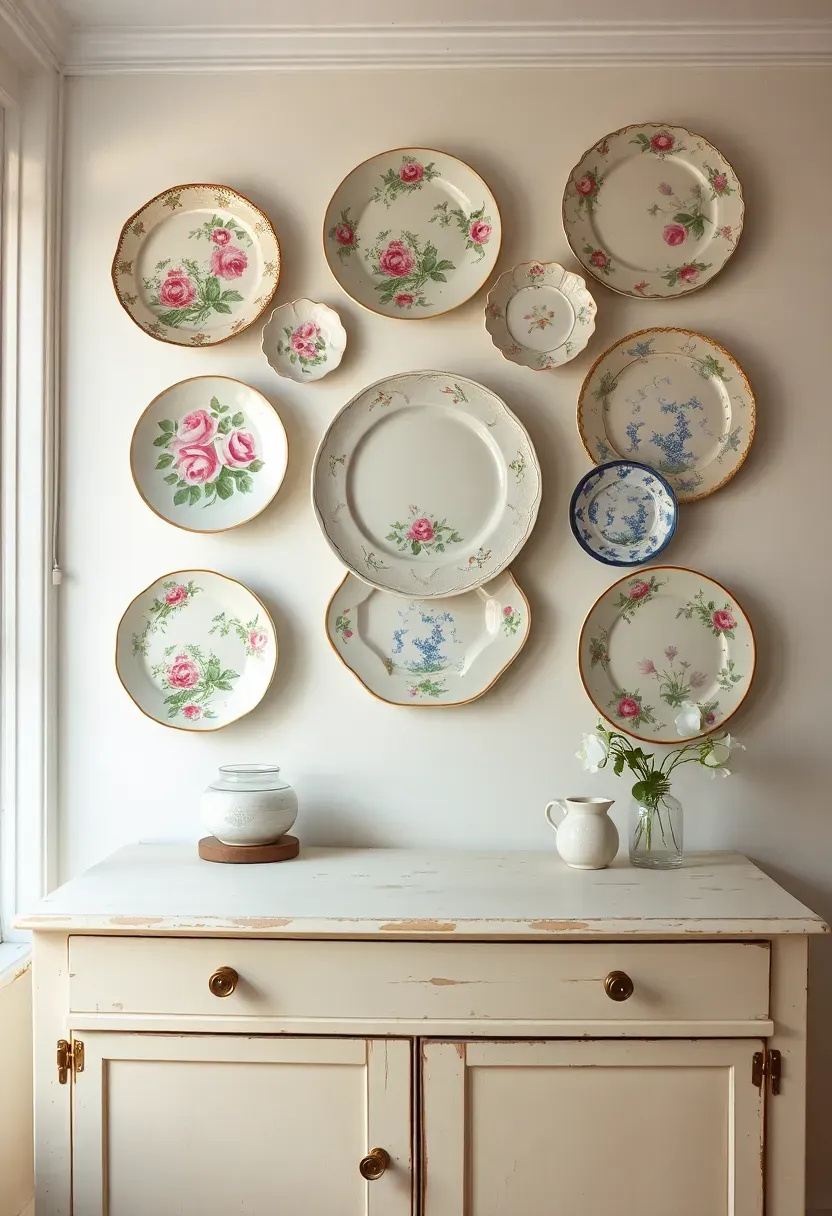 Gallery of vintage floral plates in various sizes and patterns mounted on a soft white wall above a distressed cream sideboard in a dining room