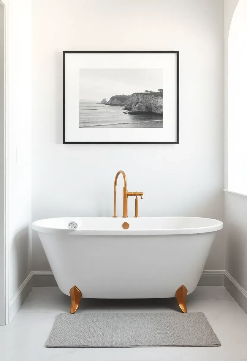 Large single black and white framed photograph of a coastal landscape hanging above a freestanding white bathtub with brass faucet