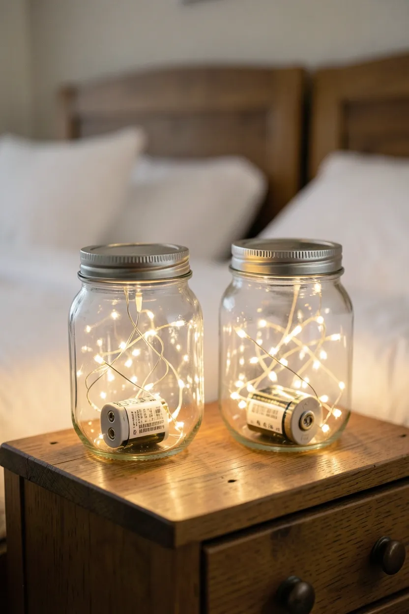 Hyper-realistic eye-level photograph of two mason jar lanterns on wooden nightstands, each containing warm white fairy lights creating firefly glow inside. Clear glass jars showing battery pack at bottom, wooden nightstands with white bedding visible in background. Soft room lighting. Materials: clear glass, warm LED lights, natural wood. Whimsical cozy mood. Shallow depth of field, sharp details on jar texture and light sparkle. No text, no logos, no watermarks.</p>