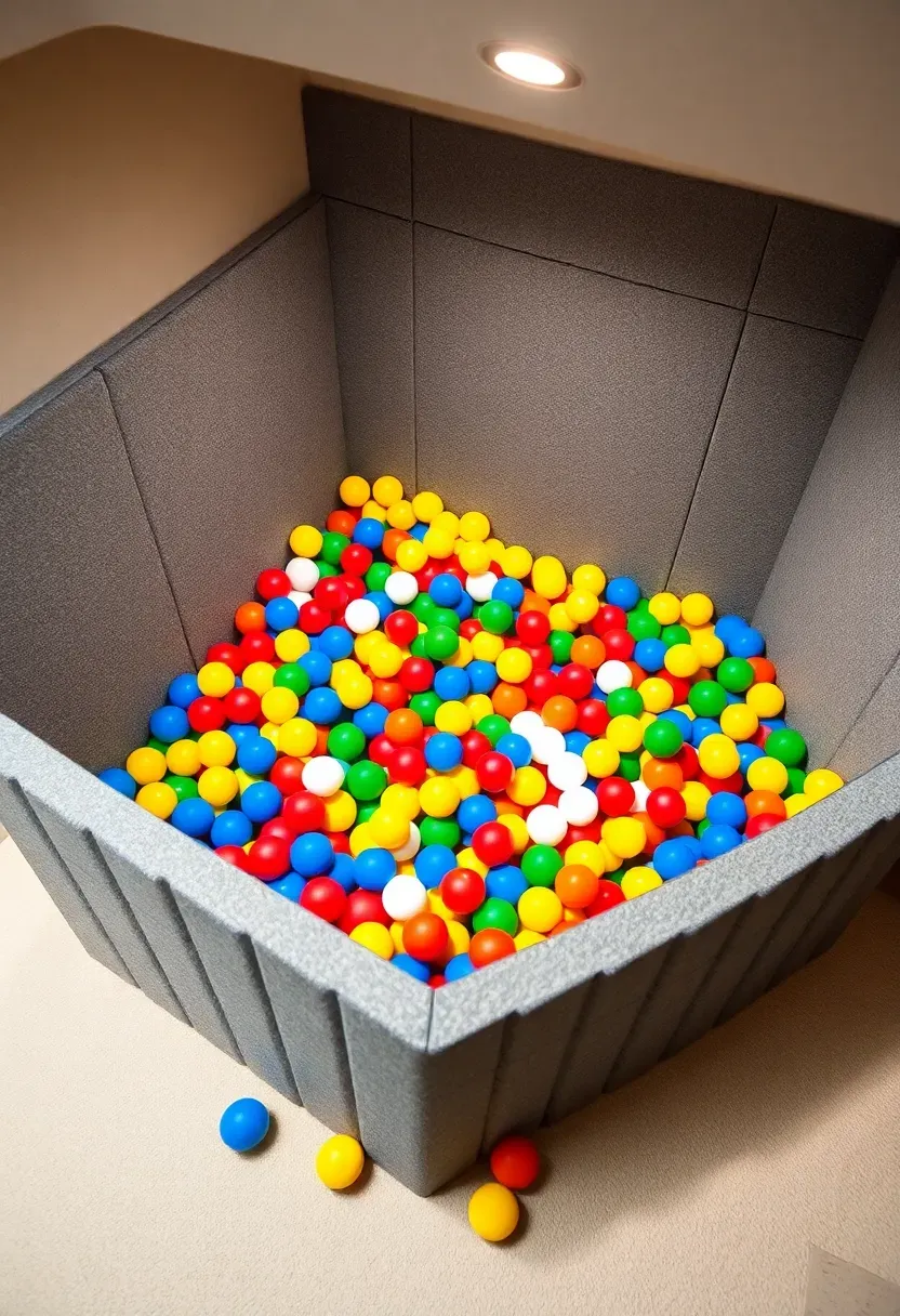 colorful ball pit zone in basement playroom with foam border walls and bright plastic balls