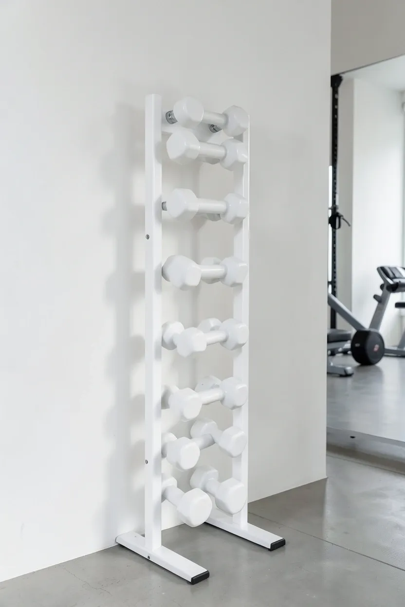 Slim powder-coated white dumbbell rack tower storing hex dumbbells in ascending weight order in a minimalist home gym — clean strength training storage