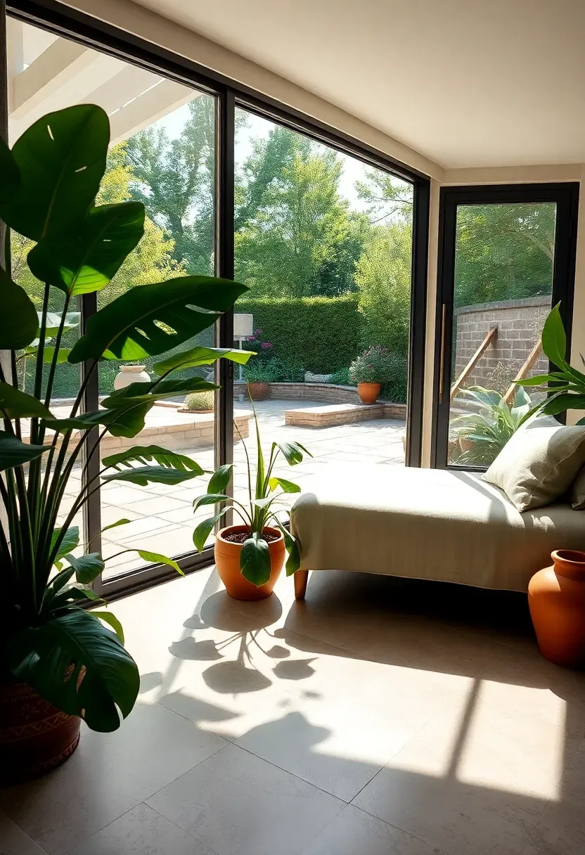 Walkout basement sunroom with large glass doors opening to a garden patio, filled with plants and natural light