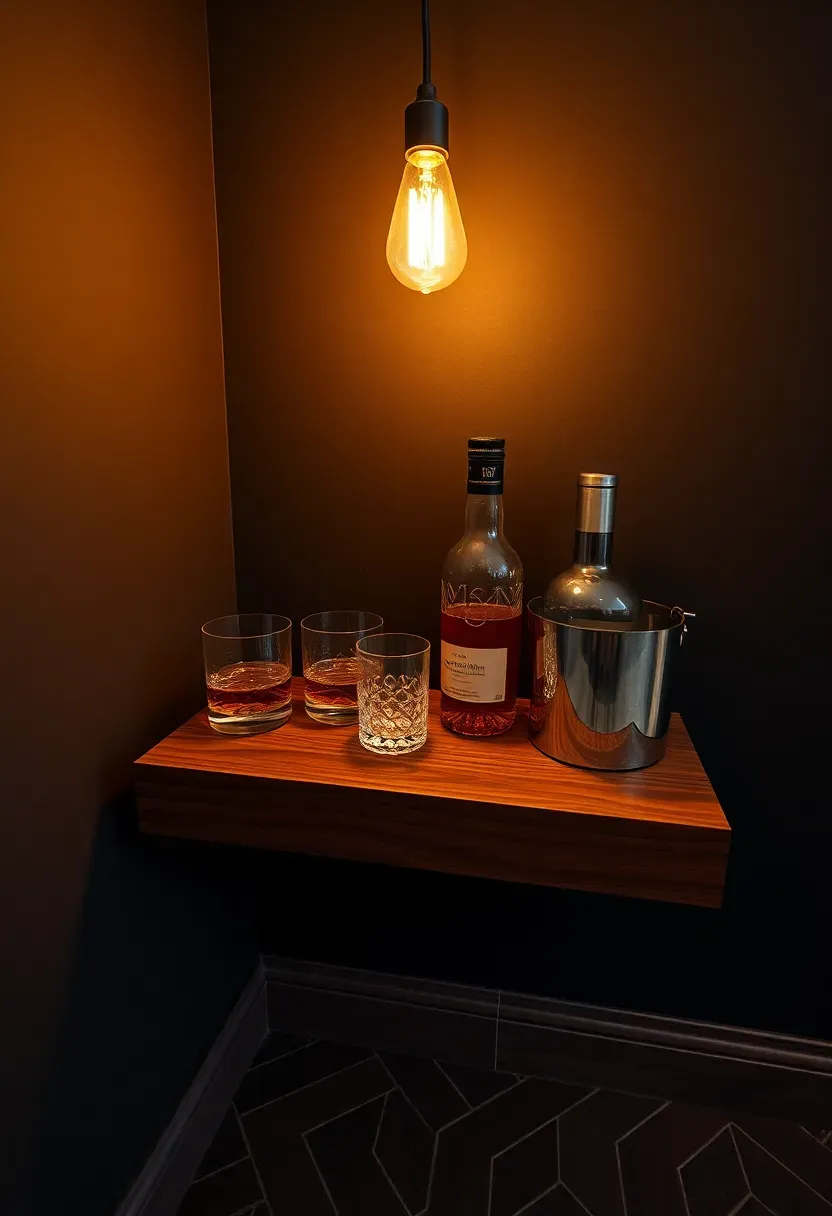 masculine bedroom corner bar with bourbon bottle and crystal whiskey glasses on walnut shelf