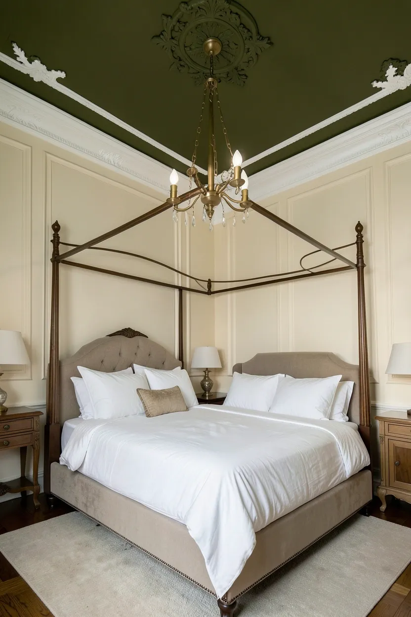 Olive green velvet upholstered bench at the foot of a white bed in a cozy master bedroom, wood leg accent furniture