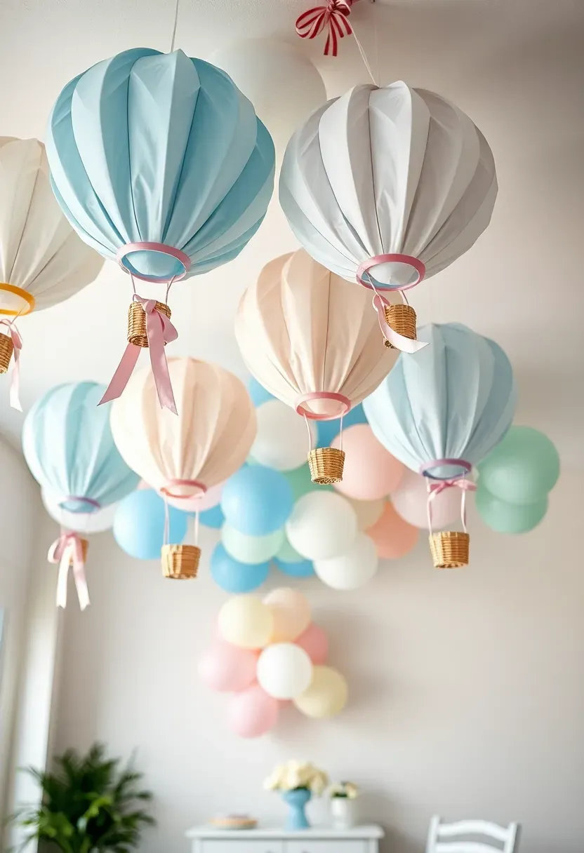hot air balloon ceiling display at baby shower with pastel blue and mint paper balloons hanging from above