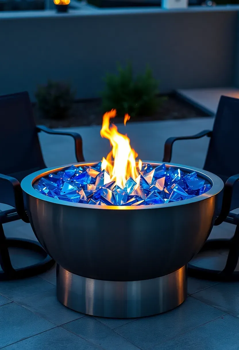 Hyper-realistic slightly elevated 3/4 view of a modern firepit showing a circular brushed stainless steel firebowl filled with cobalt blue reflective fire glass with gas flames rising through the crystals, creating brilliant light reflections, with three modern sling-back swivel chairs positioned around. Materials: brushed stainless steel rim, cobalt blue tempered fire glass crystals, black powder-coated aluminum chairs, porcelain tile patio surface. Evening twilight lighting with fire glow reflecting through glass creating magical sparkly effect, contemporary luxury ambiance. Clean modern lines, high-end outdoor living aesthetic. Shallow depth of field emphasizing glass crystals and flames foreground with chairs and patio visible beyond. No text, no logos, no watermarks.</p>
