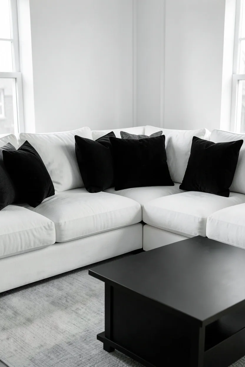 Clean white sectional sofa with layered black velvet and wool throw pillows creating cozy monochrome seating in a minimalist apartment